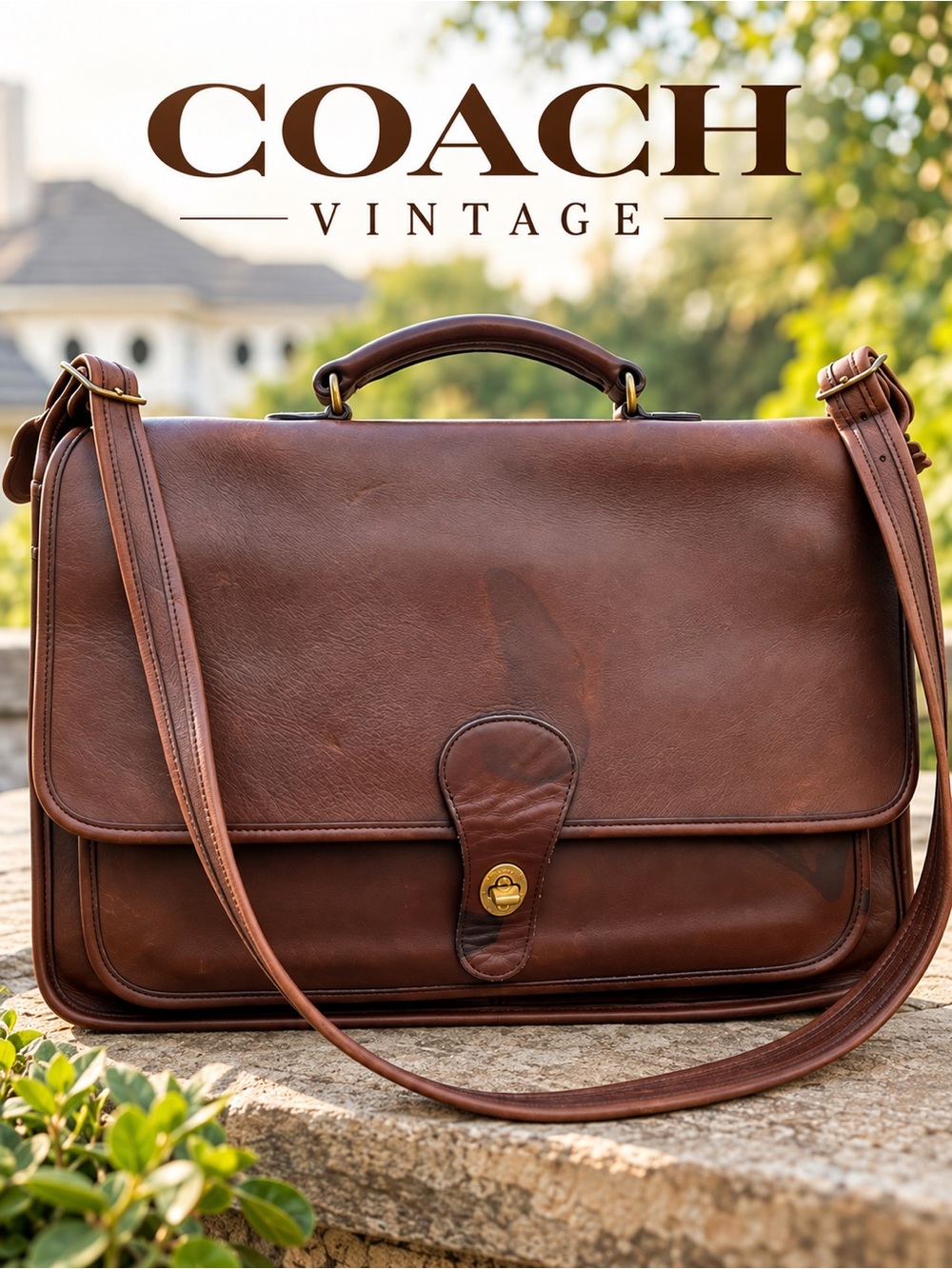 Coach Dark Brown Leather Messenger Shoulder Bag with Top Handle